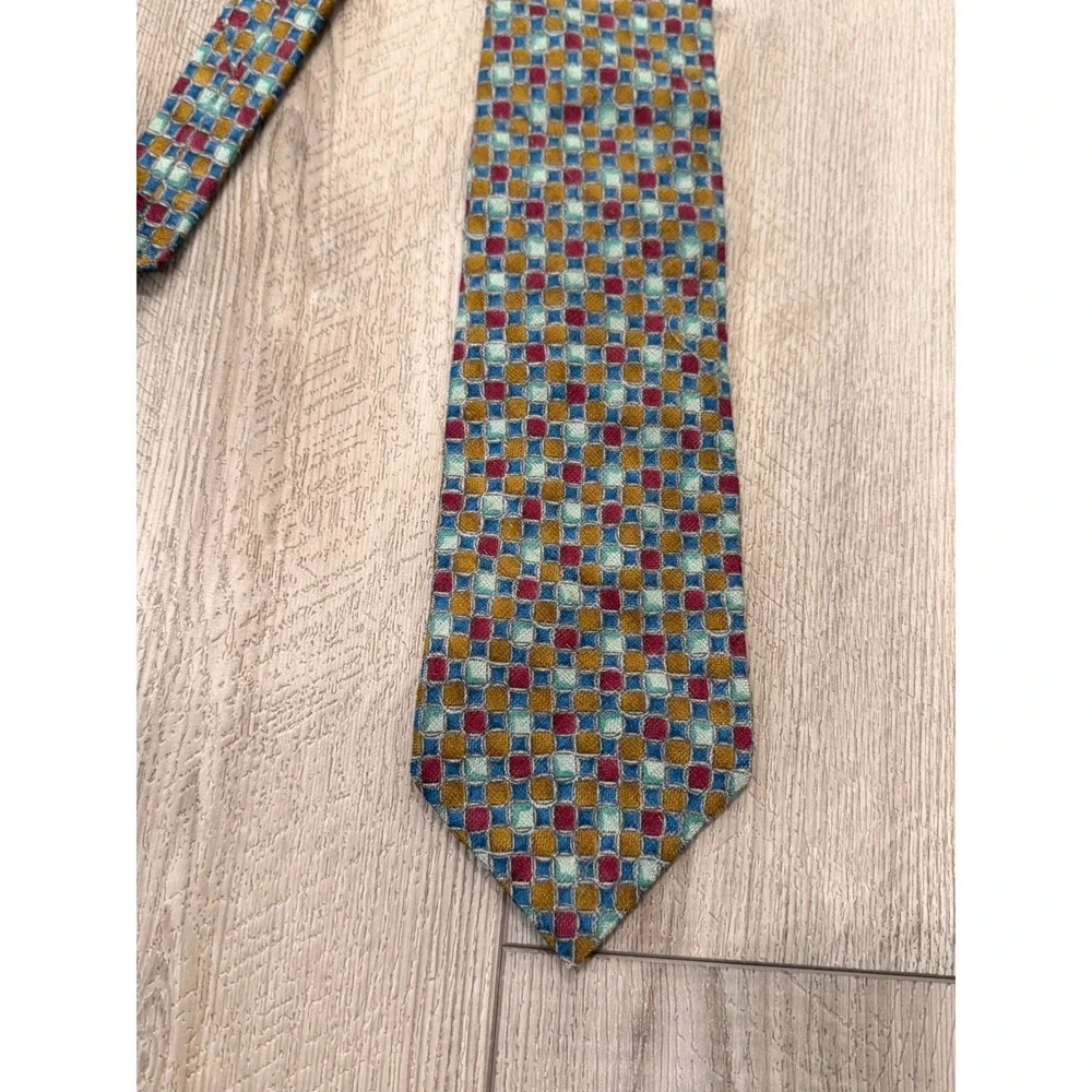 Ermenegildo Zegna Mens Silk Tie Geometric Mosaic Gold Burgundy Teal Italy 57 in